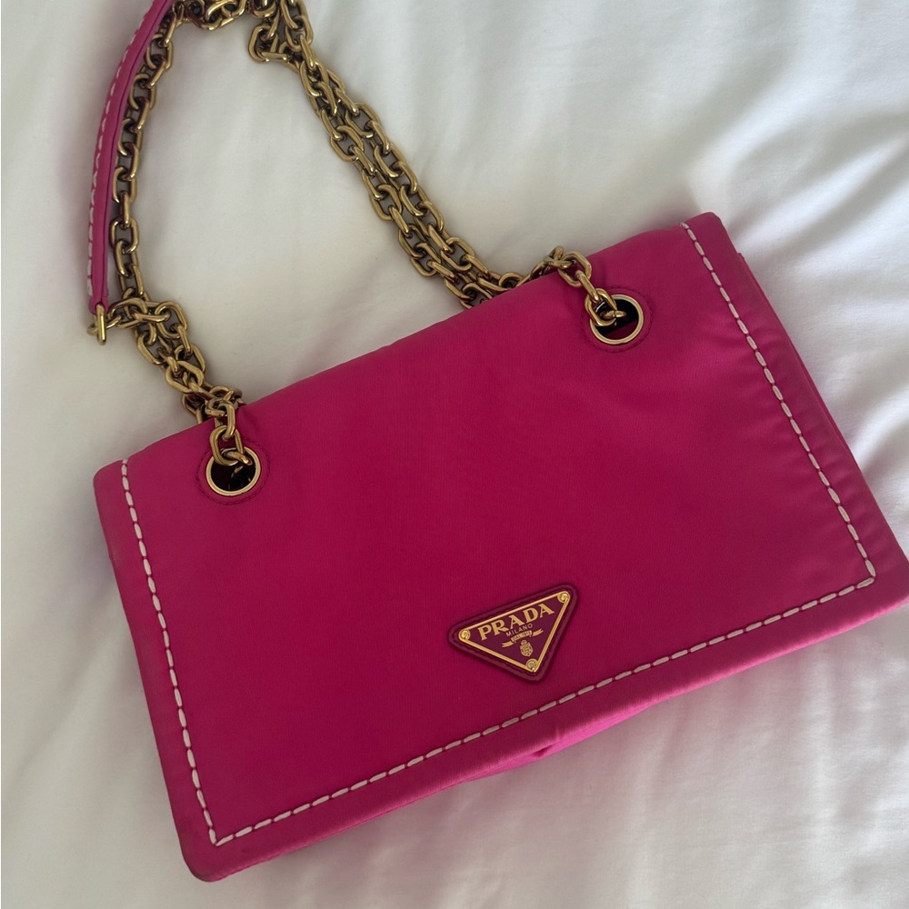 Prada Pink Nylon Tessuto Gold Chain Shoulder Bag